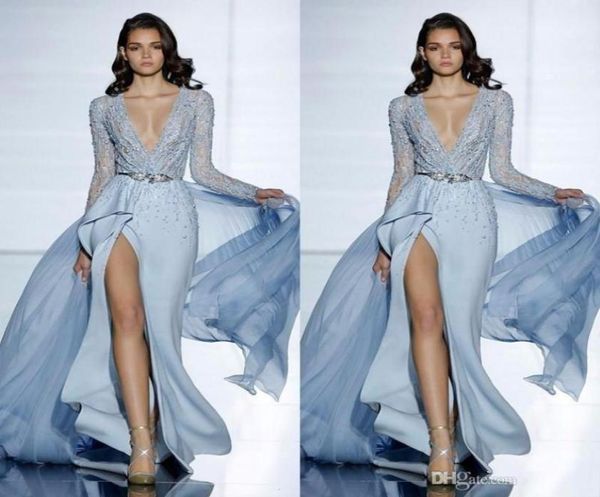 2020 NOUVEAUX ROBRES DE SUIVRE SIRAD SEXY ZUHAIR Murad avec des manches longues Robe de bal Forme Crystals Blue High Split Celebrity Robes 399708800