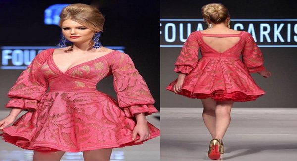 2020 Nouvelle dentelle courte Mnm Couture robes tenue de soirée col en V à manches longues dos nu robe de célébrité une ligne robes de soirée 14968738845