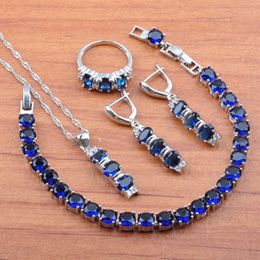 2020 Nieuwe verzilverd sieraden sets blauwe zirkonia bruiloft juweelrry voor vrouwen beste geschenk oorbellen ring armband set JS0157 H1022