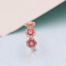 2020 Nieuwe Lente 100% 925 Sterling Zilver Europese Pandora Rose Goud Roze Daisy Bloem Emaille Trio Ring Voor Vrouwen jewelry246i