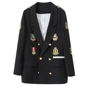 Lente en herfst casual zwart pak vrouwen blazers middele lengte medaille borduurwerk kleding dame lj201021