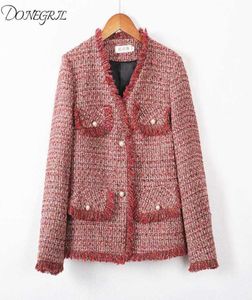 2020 Nouvelles femmes de printemps Vestes en tweed Nouvelles marques Ladies mélange la laine Pouettel à manches longues rouges poitrine V Fringe V Fringe 3584844