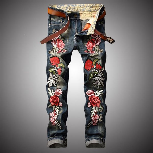 2020 nouveau Streetwear Hip Hop jean hommes Rose broderie Denim pantalon coupe ajustée Jeans décontractés brodé fleurs vêtements masculins BP007298m