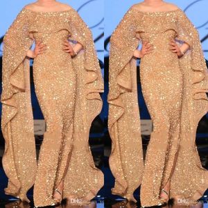 2020 prachtige rose gouden lovertjes mermaid prom jurken off shoulder lange wrap ruche vloer lengte plus size formele avondkleding feestjurken