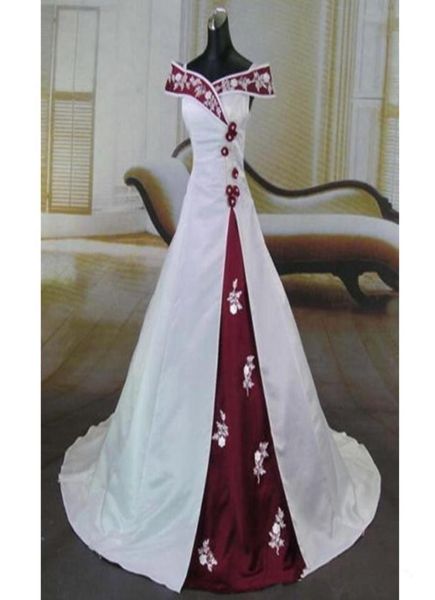 2020 Nuevo impresionante vestido de novia blanco y burdeos Apliques hechos a mano vintage con hombros descubiertos Satén Una línea Vestidos de novia Vestido de No2791902