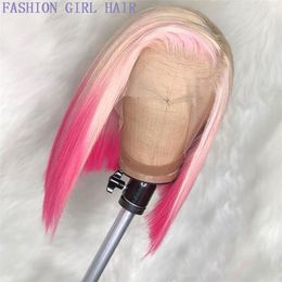 2020 nouveau style synthétique droite blonde ombre rose 13x4 dentelle avant perruques courtes Bob perruque simulation brésilienne perruques de cheveux humains 150% densité