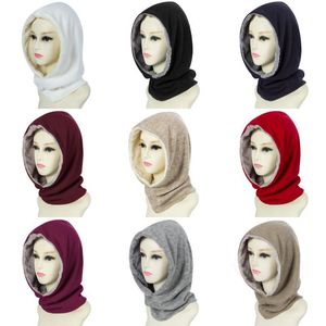 2020 New Style Women WInter Hat Plus Velvet Beanies Hats for Ladies Solid Color Hood Scarf Keep Warm Bonnet Designer