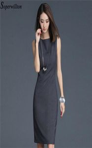 2020 Nouvelle robe de bureau d'été Femmes Elegant O cou Sans manches manches Longueur du genou noir Wear to Work Sheat Robes dames BD725 Y2002204845