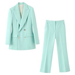 2020 nouveaux costumes d'été femmes deux pièces ensemble vert clair boutonné blazer évasé pantalon taille haute femme femme vêtements LJ200907