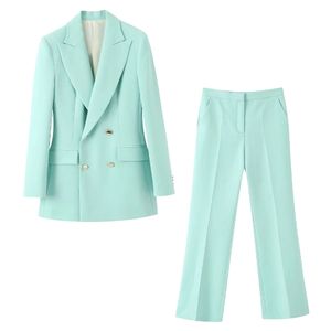 2020 nouveaux costumes d'été femmes deux pièces ensemble blazer boutonné vert clair pantalon évasé taille haute femme femme vêtements LJ200907