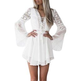 Été femmes filles blanc bohème mini robe mode printemps solide dentelle vêtements décontractés col en v longue