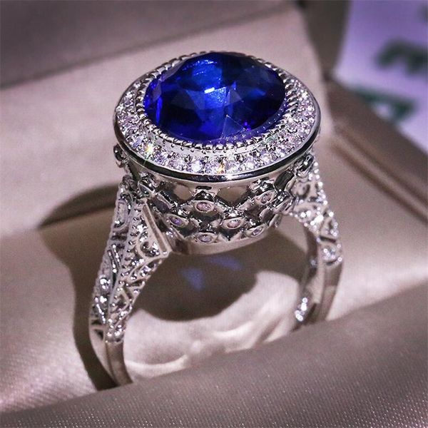 2020 Nouveau Top Vente Vintage Bijoux De Mode En Argent Sterling 925 Coupe Ronde Bleu Saphir CZ Diamant Promesse Femmes Mariage Couronne Bague