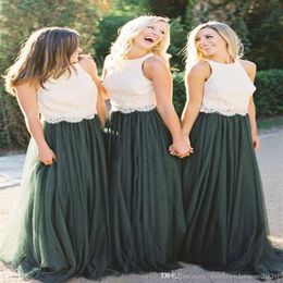 2020 nuevos vestidos de dama de honor verdes de dos piezas Top de encaje de tul sin mangas de talla grande Long Beach barato dama de Honor boda Formal Gue273e