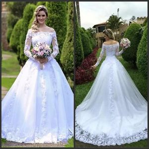 2020 NIEUWE Vestidos de Noiva Casamento Princess Wedding Jurken Off Shoulder Sheer lange mouw trouwjurk kralen Arabische tuin Bridal 227y