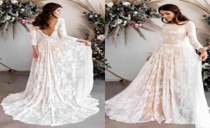 2020 Nieuwe vintage Boheemse trouwjurken met naakt voering Lange mouwen Open Back Full Lace Boho Beach Garden Bridal Jurken 792292968