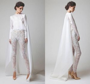 2020 Nieuwe witte avondjurken Twee stukken Chiffon Lace Pearl -broek Zie door lange mouwen Elio Abou Fayssal Avond Jurken WIT2714767