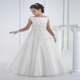 2020 nouveau blanc ivoire mignon fleur fille robes avec cristal perlé dentelle appliques robe de bal première robe de communion pour les filles Customiz227f