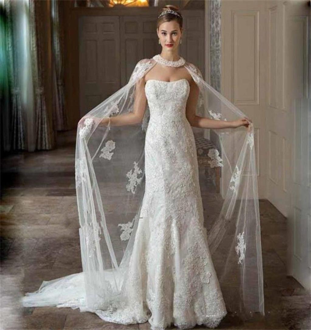2020 New White Ivory Long Wedding Capes Cloaks Tulle Appliques Lace Custom Bridal Boleros Jackets Wraps8682681