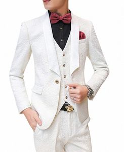 2020 New White Man Costumes à motifs 3 pièces formelle Busin Tuxedos garçons d'honneur pour la fête de mariage Blazer + gilet + pantalon H6iW #