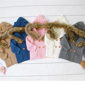 Chaquetas de punto de invierno para bebés, niños y niñas, chaquetas de otoño cálidas para bebés, suéteres con capucha de piel para bebés, abrigo de manga larga para niños LJ201128