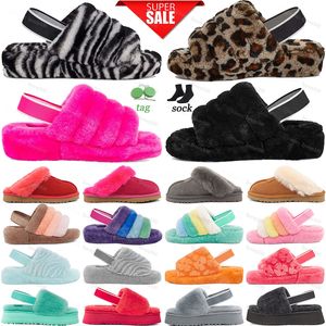 Zapatilla de diseñador Fluff fuzz sí diapositiva australia sandalias diapositivas nieve clásica Medias zapatillas scuffette mujer niña invierno piel plana deslizadores peludos uggs