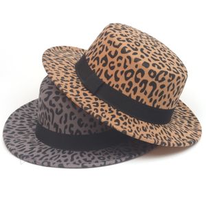 2020 nieuwe vrouwen mannen luipaard print wol vilt schipper hoed brede rand vlakke top fedora hoeden retro dames formele partij trilby cap