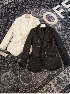 Nouveau femmes automne col rabattu à manches longues double boutonnage tweed laine moyen long blazer costume manteau S M L
