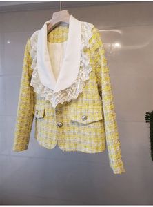 Nieuwe dames schattige retro kanten turn-down kraag tweed wollen korte jas met lange mouwen casacos S M L