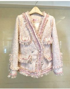 Nouveau luxe pour femmes couleur rose à manches longues tweed laine gland frange double boutonnage épaississement manteau casacos