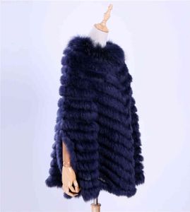 Jersey de lujo para mujer Punto de piel de conejo genuino Piel de mapache Poncho Cape Bufanda Tejer Wraps Shawl Triangle Coat 201221