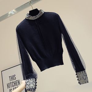 Nieuwe vrouwen stand kraag borduren kant lange mouwen gaas gestippelde patchwork gebreide slanke taille korte trui pullover jumpers Sml