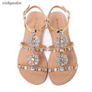 2020 Nieuwe Vrouwen Zomer Bohemen Diamant Platte Sandalen Dame Casual Beach Rhinestone Shining Boho Schoenen Plus Size Peep Teen Slippers Y200620