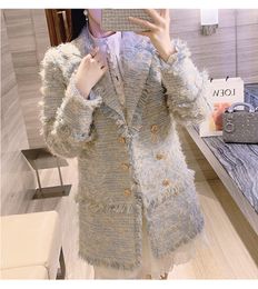 Nieuwe vrouwen v-hals effen kleur medium lange tweed wollen blazer pak jas casacos plus size SMLXLXXL