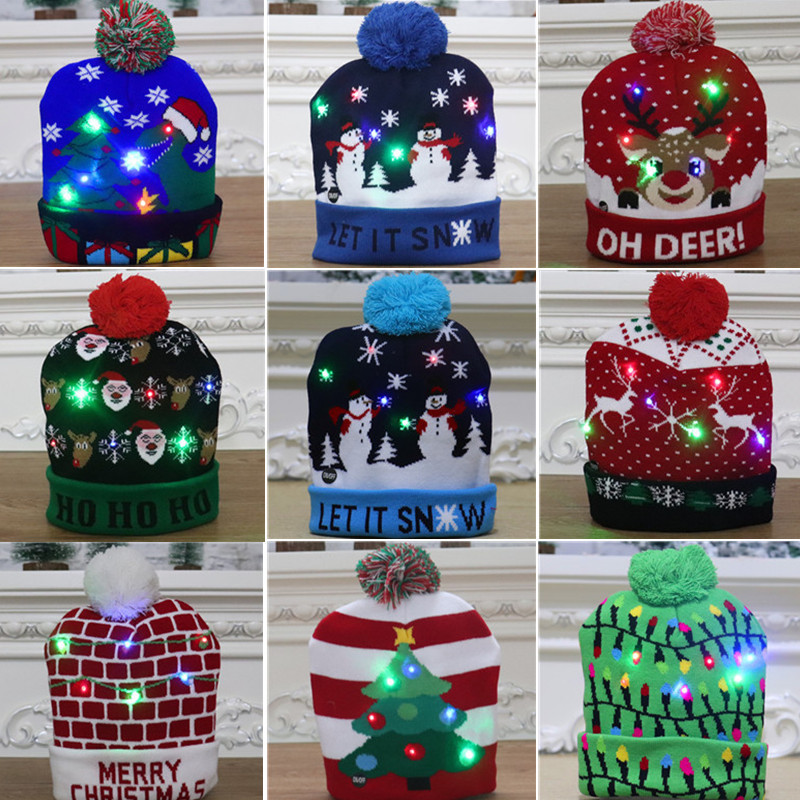 2024 LED -stickad julhatthatthattdekorationer Lyser upp belysningen varma hattar för barn vuxna nyår juldekor