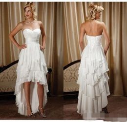 2020 Nieuwste Strand Trouwjurken Chiffon Tiered Sweetheart Hoge Lage Kant Applique Sash Plooien Ruched Wedding Bruid Jurken Vestido de Novia