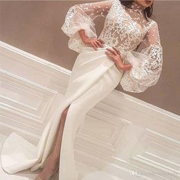 2020 Nieuwste avondjurken jurken vloer lengte hoge nek kant applicaties lange grote mouw zeemeermin kant split prom jurken wit Arabisch