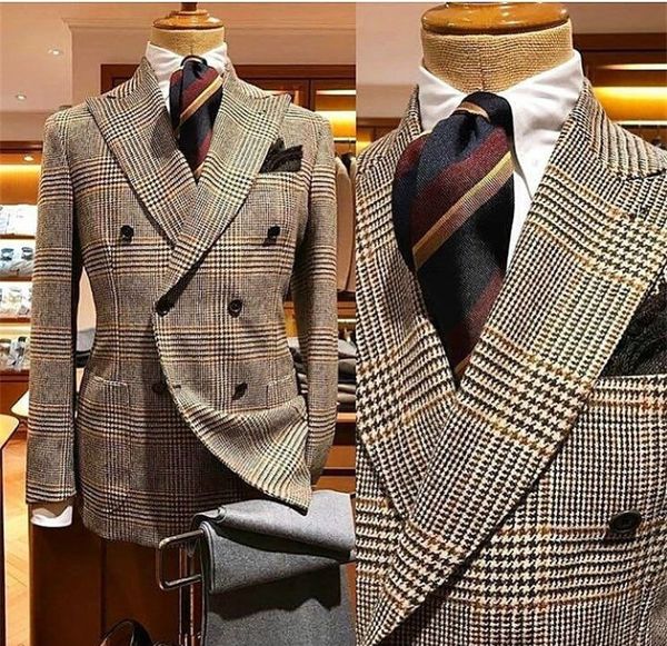 2020 plus récent beau pied-de-poule formel laine sur mesure revers revers Blazer hommes manteau Double boutonnage hommes costumes smokings Long costume pour homme