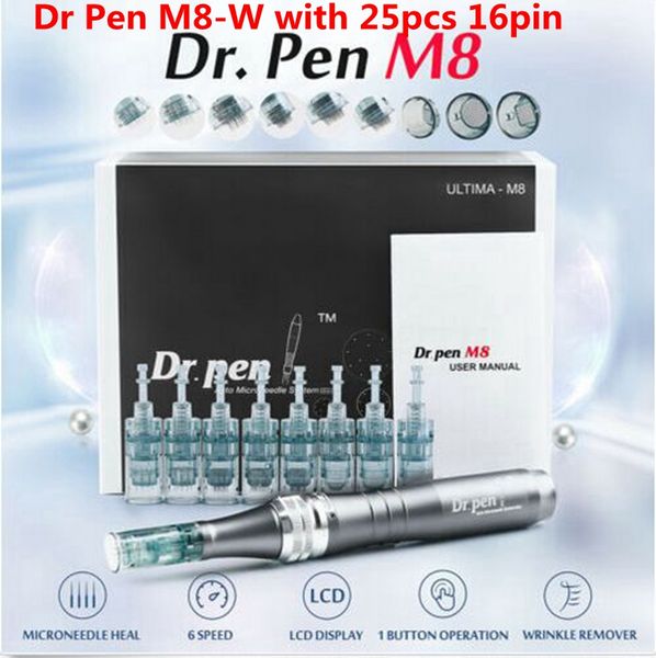 Dermapen Dr Pen M8-W sans fil Dermapen électrique automatique professionnel MicroNeedle avec cartouche d'aiguilles 25pcs 16pin Soins de la peau MTS Anti Acne Spot
