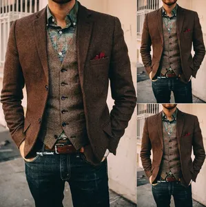 2020 nieuwste tweedelige herenpakken Pakken bruine visgraat wol vintage 1920's pakken blazer met Vest for Men 2 -knop