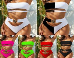 2020 Nice Metal Buckle Bikini Femmes Tube Top Noir en deux pièces Swimwear High Push Up Bandeau Swimsuit2363959