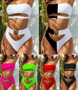 2020 Mooie metalen buckle bikini dames tube top zwart tweedelig zwemkleding hoge taille push up bandeau zwemsuit6168391