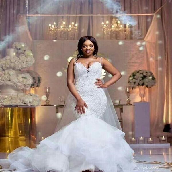 2020 nigérian africain grande taille robes de mariée demi manches longues haut dentelle balayage train demoiselle d'honneur robes de soirée Cheap315q