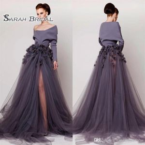 2020 Off Shoulder Saudi Arabische Lange Mouwen het Midden-oosten Prom Dress A Line Applicaties Formele Feestkleding Avondjurken hoge Split206Y