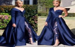 2020 Eén schouder Lange mouw Prom Dresses Pant Suits A Line Dark Navy Evening Party Jurken Jumpsuit Celebrity Dresses7208657