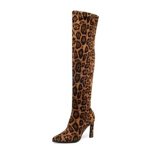 2020 over de knie laarzen hoge hak Winterschoenen Sexy Leopard Warm Bont Dames Stretch Suède Lange Laarzen Big Size 34-43