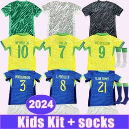 2024 Brazilië Vini Jr Kids Kit voetbaltrui Rodrygo Raphinha Martinelli Endrick L. Paqueta Home Away Doelman Doelman voetbal shirts kinduniformen