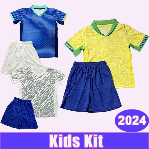 2024 Brésil Kids Kit Soccer Jersey BREMER RICHARLISON L.PAQUETA VINI JR BREMER FABRICIO B Home Away GK Chemises de football pour enfants Uniformes
