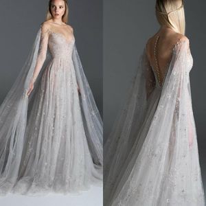 2020 Paolo Sebastian Avondjurken Illusie Kant Borduurwerk Sheer Neck A Line Fairy Prom Dress with Wrap Custom Made Formal Party Changs