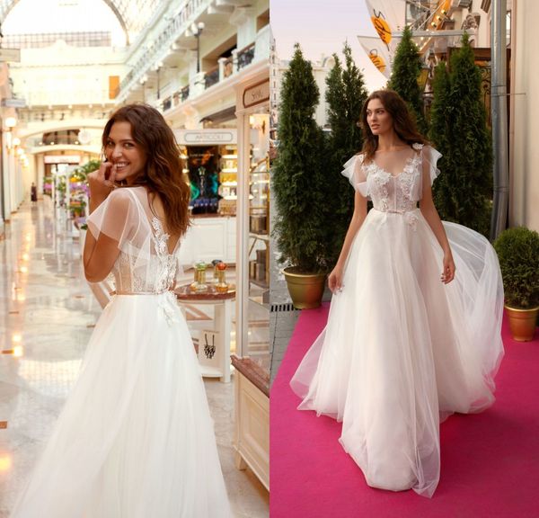 2020 Papilio Une Ligne Robes De Mariée Bijou Sans Manches Perles Appliques Tulle Robes De Mariée Balayage Train Vestidos De Novia