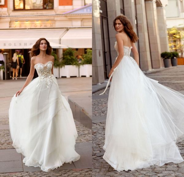 2020 Papilio une ligne robes De mariée bretelles ruban perles Appliques Tulle robes De mariée balayage Train Vestidos De Novia